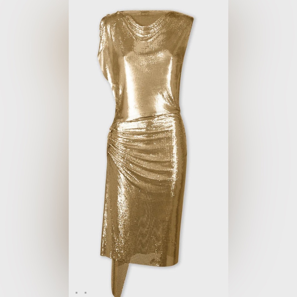 RABANNE Gold Chainmail Drapé Pression Dress, size 38